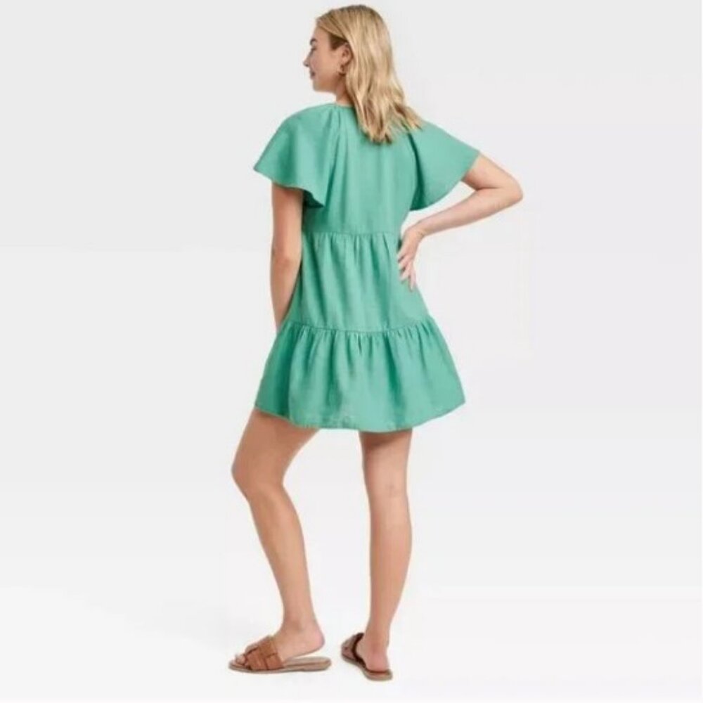 Women's Flutter Short Sleeve Mini Skater Dress S Green Linen Universal Thread - Picture 6 of 12